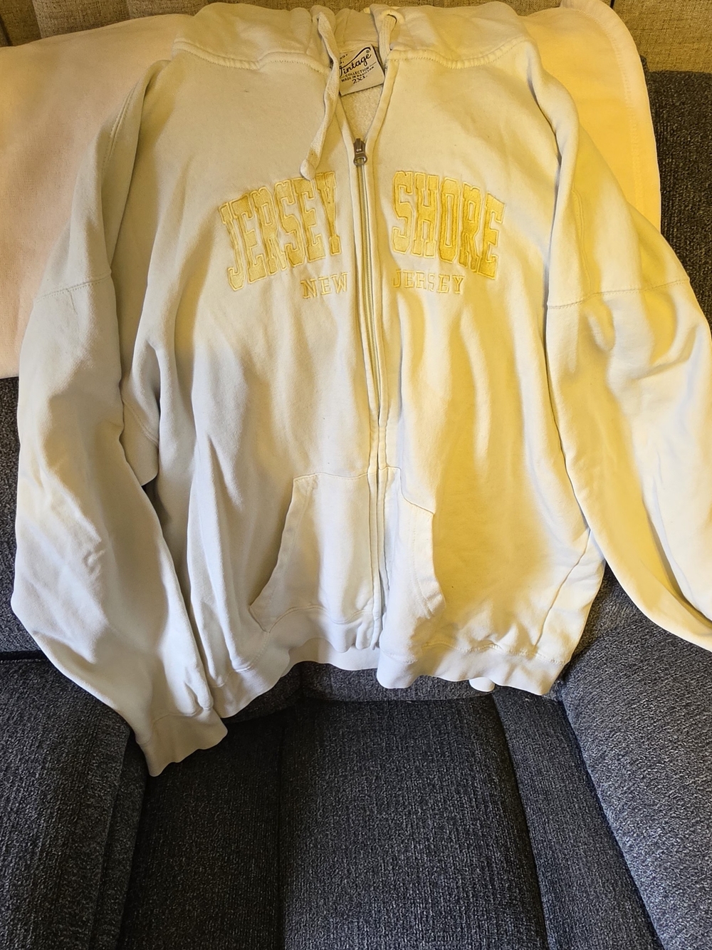 Vintage White Jersey Shore Zip-Up Hoodie with Yellow Embroidery